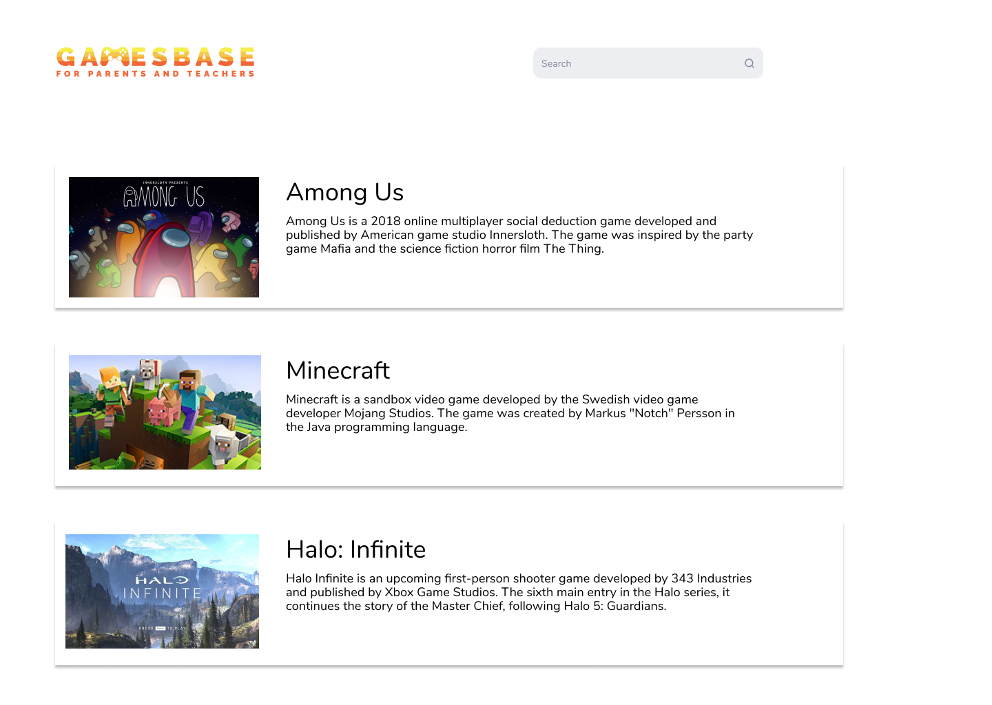 Search results listing games with descriptions